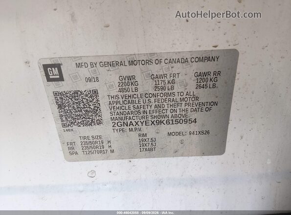 2GNAXYEX9K6150954 2019 CHEVROLET EQUINOX Белый Вид подкапотного пространства
