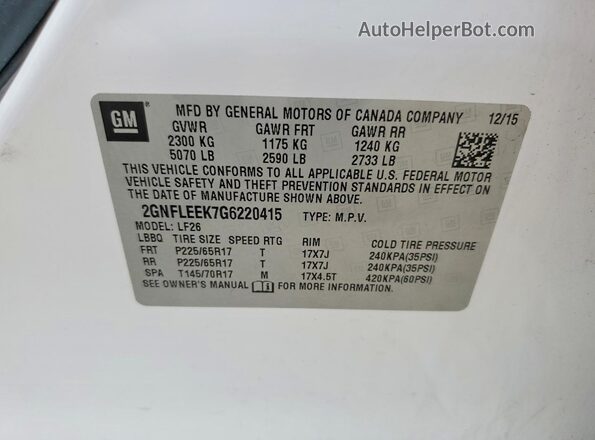 2GNFLEEK7G6220415 2016 CHEVROLET EQUINOX White Vista de la etiqueta del VIN