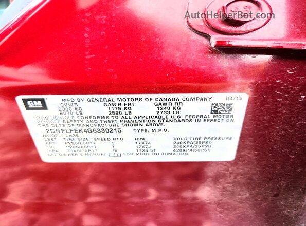 2GNFLFEK4G6330215 2016 CHEVROLET EQUINOX Красный Вид подкапотного пространства