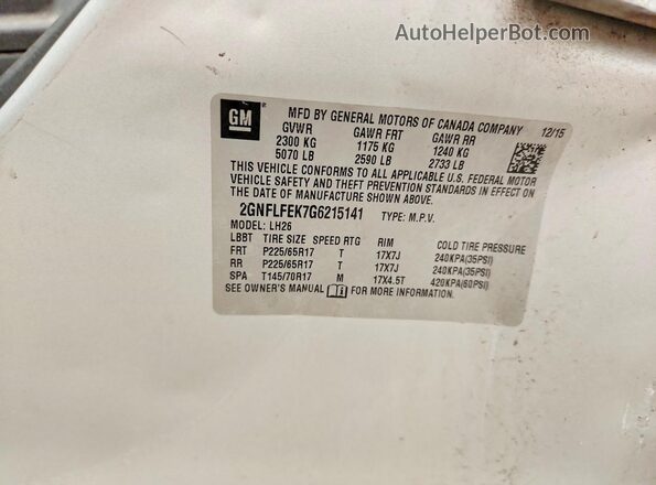 2GNFLFEK7G6215141 2016 CHEVROLET EQUINOX Silver Вид наклейки з VIN-кодом