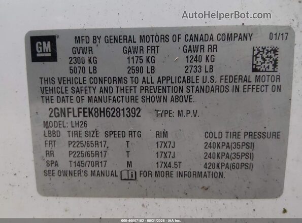 2GNFLFEK8H6281392 2017 CHEVROLET EQUINOX White Widok komory silnika