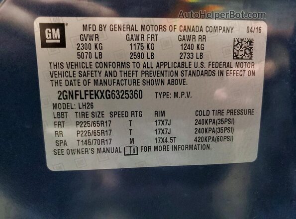 2GNFLFEKXG6325360 2016 CHEVROLET EQUINOX Синий Вид подкапотного пространства