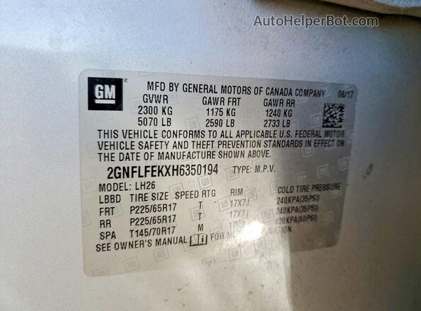 2GNFLFEKXH6350194 2017 CHEVROLET EQUINOX Silver Widok wnętrza 360 stopni