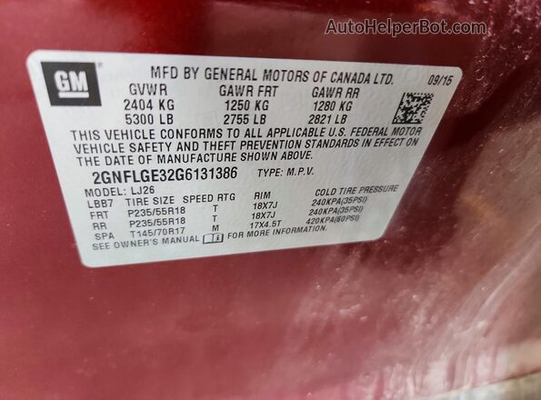 2GNFLGE32G6131386 2016 CHEVROLET EQUINOX Maroon Вид наклейки з VIN-кодом