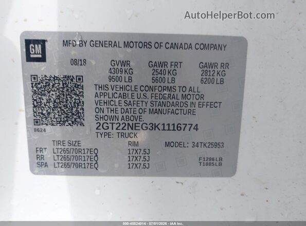 2GT22NEG3K1116774 2019 GMC SIERRA White Widok komory silnika