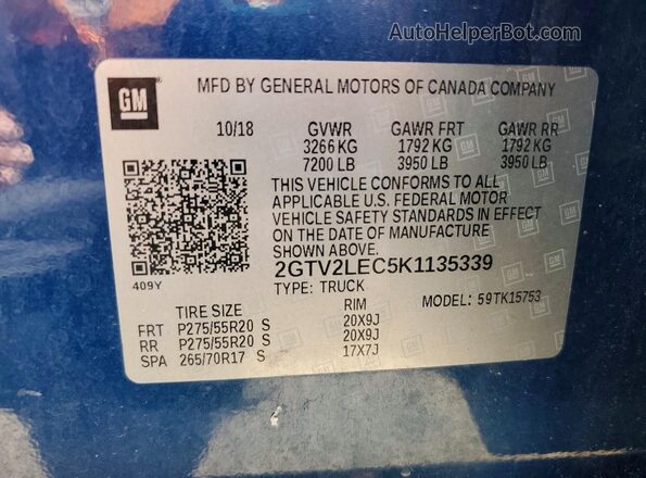 2GTV2LEC5K1135339 2019 GMC SIERRA Blue ძრავის განყოფილების ხედი