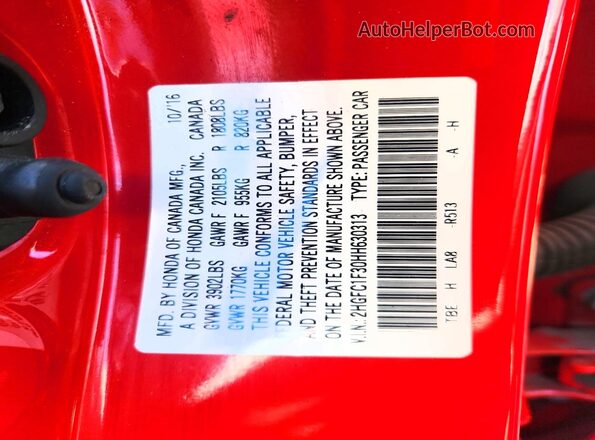 2HGFC1F30HH630313 2017 HONDA CIVIC Red VIN կոդի պիտակի տեսք