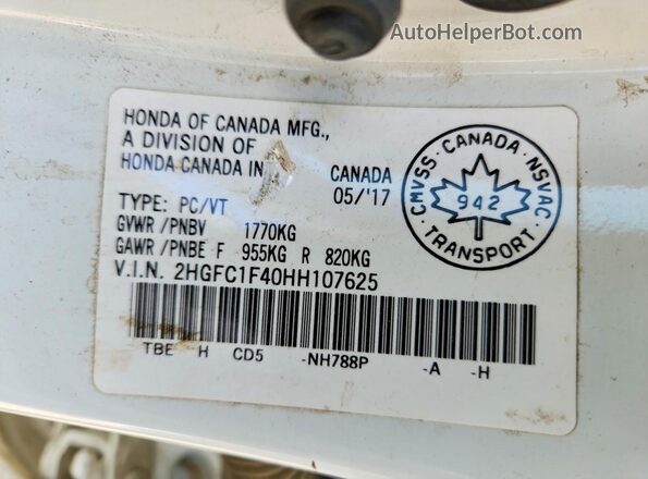 2HGFC1F40HH107625 2017 HONDA CIVIC White Widok komory silnika