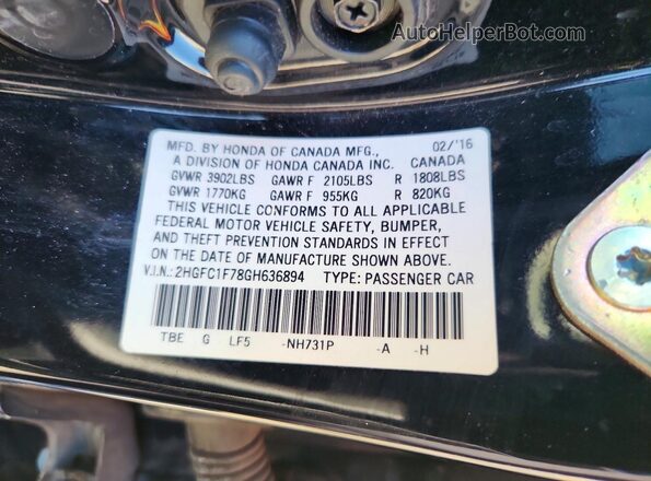 2HGFC1F78GH636894 2016 HONDA CIVIC Black Engine compartment view