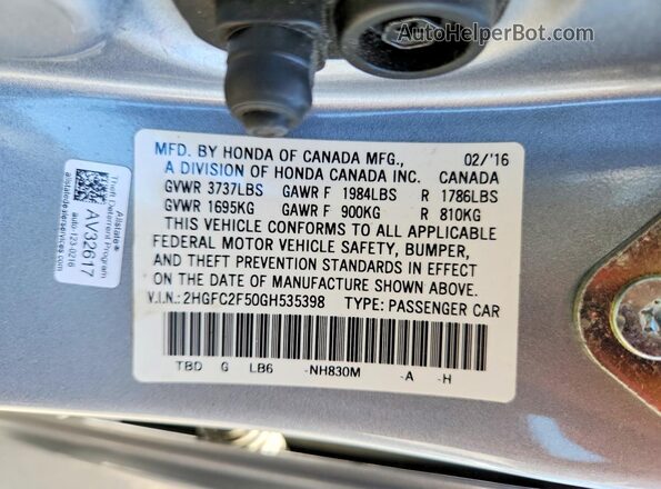 2HGFC2F50GH535398 2016 HONDA CIVIC Silver Engine compartment view
