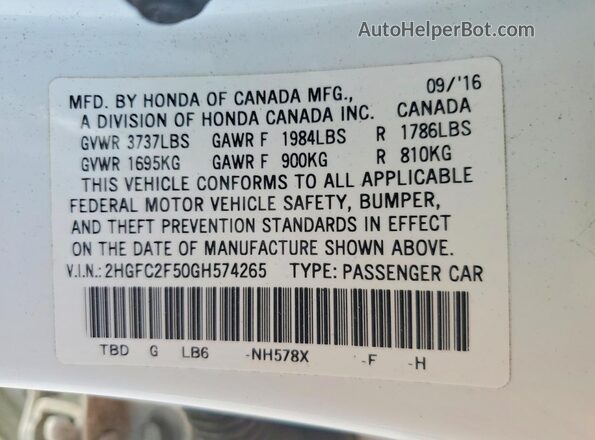 2HGFC2F50GH574265 2016 HONDA CIVIC White VIN sticker view