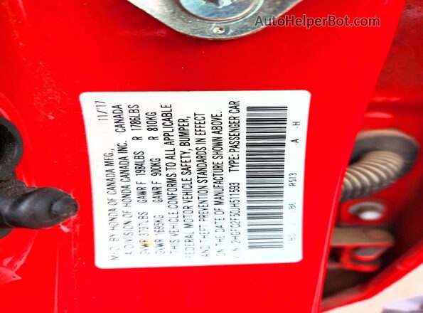 2HGFC2F50JH511593 2018 HONDA CIVIC Red VIN sticker view