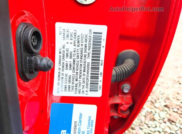 2HGFC2F51HH552955 2017 HONDA CIVIC Red Widok naklejki z numerem VIN