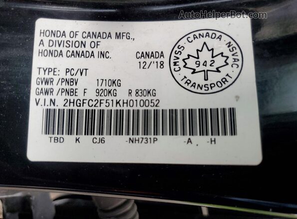 2HGFC2F51KH010052 2019 HONDA CIVIC Black VIN კოდის სტიკერის ხედი