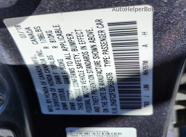 2HGFC2F52JH584576 2018 HONDA CIVIC Charcoal Vista de la etiqueta del VIN