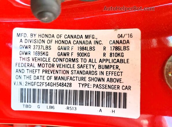 2HGFC2F54GH548428 2016 HONDA CIVIC Red Engine compartment view