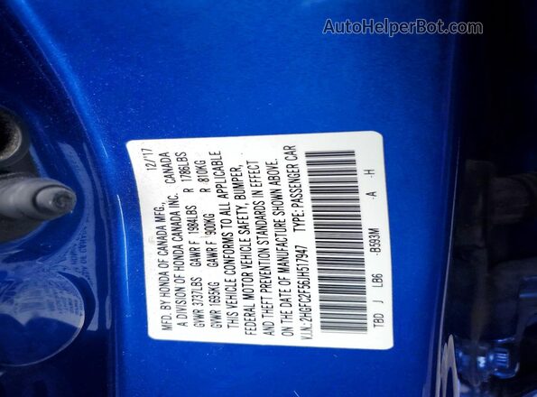 2HGFC2F56JH517947 2018 HONDA CIVIC Blue Vista de la etiqueta del VIN