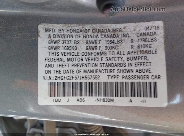 2HGFC2F57JH557552 2018 HONDA CIVIC Gray Շարժիչի բաժամունքի տեսք