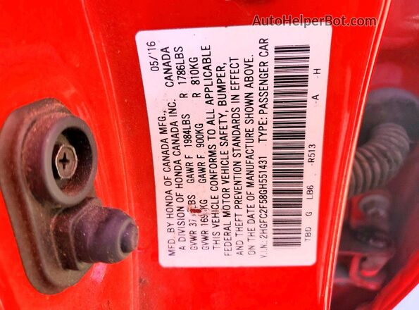 2HGFC2F58GH551431 2016 HONDA CIVIC Red Vista del compartimento del motor