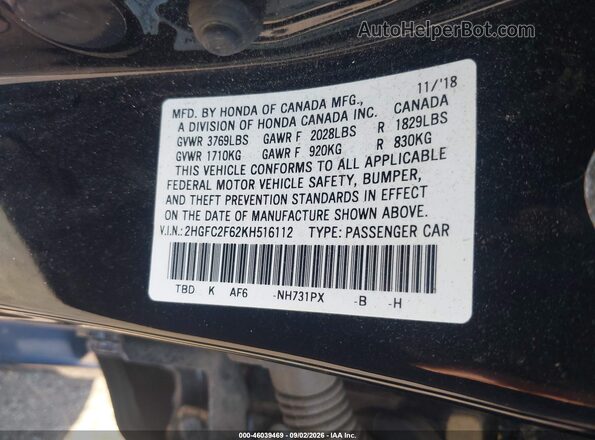 2HGFC2F62KH516112 2019 HONDA CIVIC Black ძრავის განყოფილების ხედი