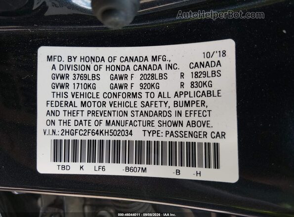2HGFC2F64KH502034 2019 HONDA CIVIC Dark Blue Widok komory silnika