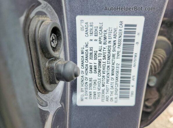 2HGFC2F64KH561312 2019 HONDA CIVIC Gray Widok komory silnika