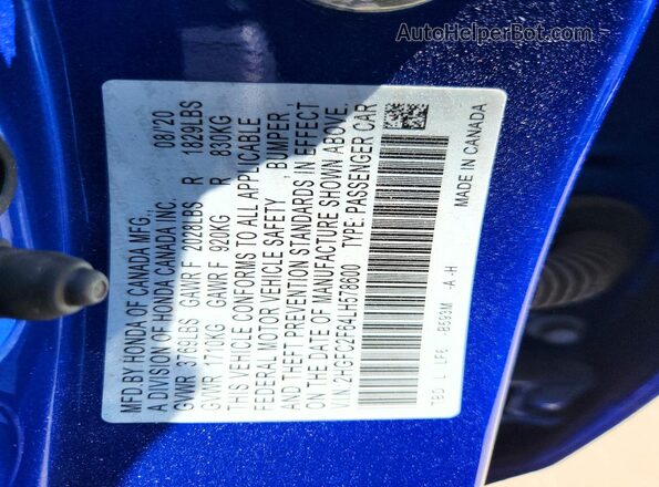 2HGFC2F64LH578600 2020 HONDA CIVIC Blue Вид наклейки з VIN-кодом