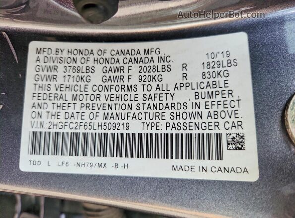 2HGFC2F65LH509219 2020 HONDA CIVIC Gray Շարժիչի բաժամունքի տեսք