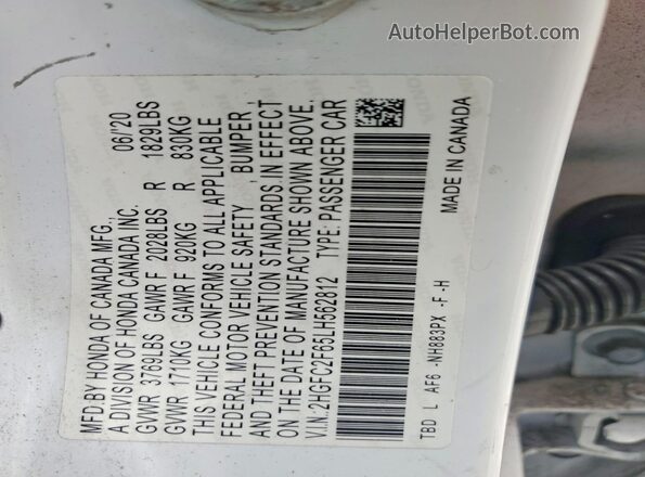 2HGFC2F65LH562812 2020 HONDA CIVIC White VIN კოდის სტიკერის ხედი