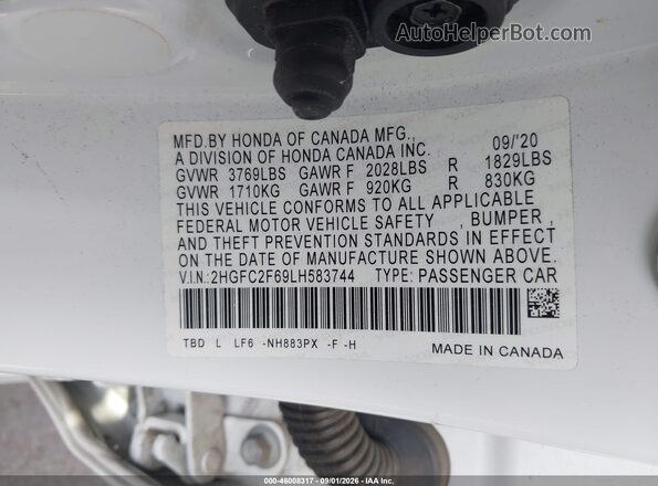 2HGFC2F69LH583744 2020 HONDA CIVIC White Vista del compartimento del motor