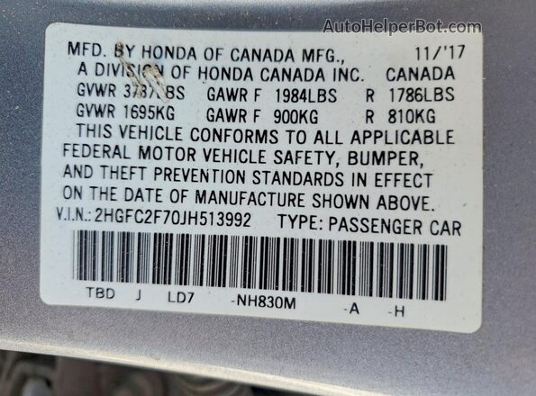 2HGFC2F70JH513992 2018 HONDA CIVIC Silver VIN კოდის სტიკერის ხედი