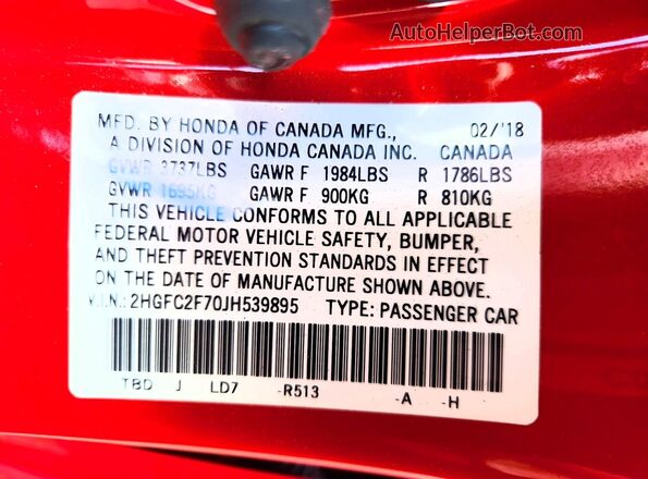 2HGFC2F70JH539895 2018 HONDA CIVIC Red Engine compartment view