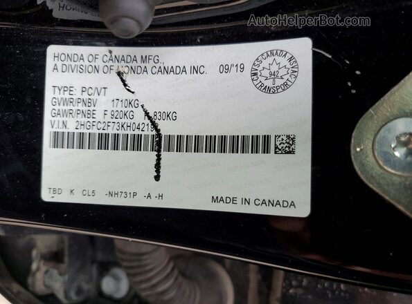 2HGFC2F73KH042194 2019 HONDA CIVIC Black Engine compartment view