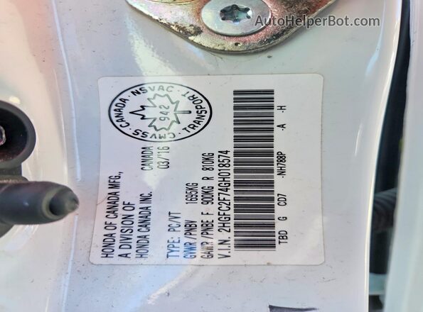 2HGFC2F74GH018574 2016 HONDA CIVIC Белый Вид наклейки с VIN-кодом