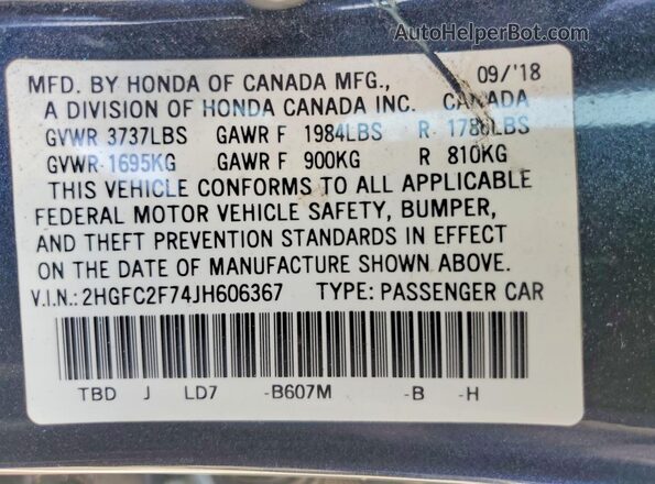 2HGFC2F74JH606367 2018 HONDA CIVIC Blue Engine compartment view