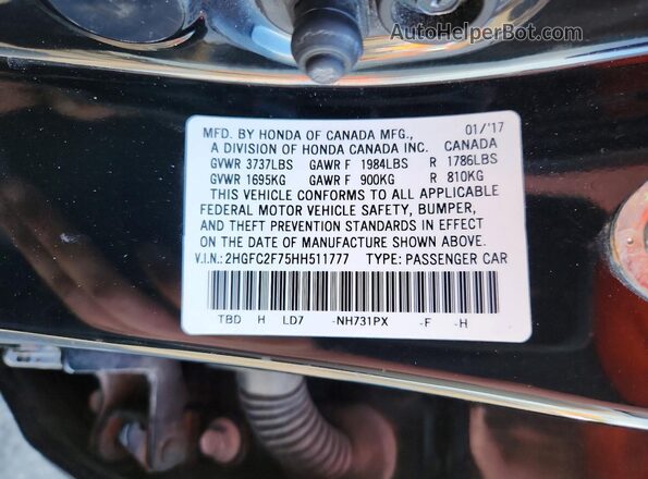2HGFC2F75HH511777 2017 HONDA CIVIC Black Widok komory silnika