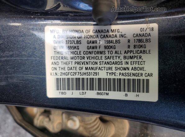 2HGFC2F75JH531291 2018 HONDA CIVIC Синий Вид подкапотного пространства