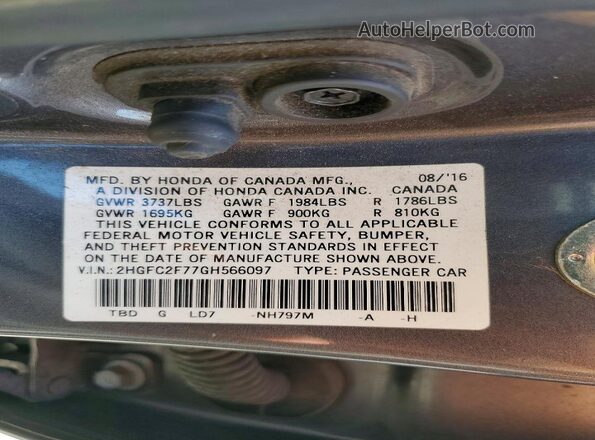 2HGFC2F77GH566097 2016 HONDA CIVIC Gray Vista del compartimento del motor