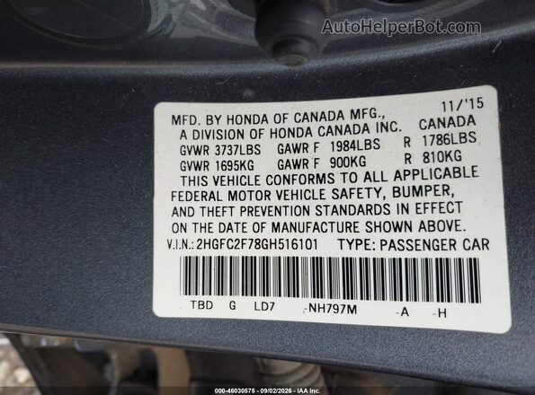 2HGFC2F78GH516101 2016 HONDA CIVIC Gray Շարժիչի բաժամունքի տեսք