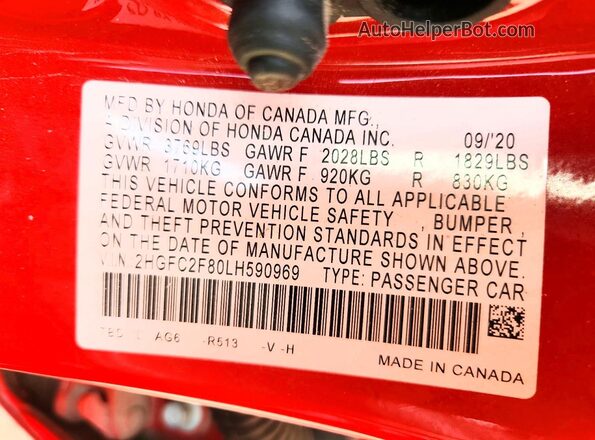2HGFC2F80LH590969 2020 HONDA CIVIC Red Engine compartment view