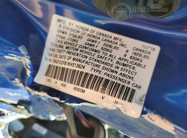 2HGFC2F81KH513624 2019 HONDA CIVIC Blue ძრავის განყოფილების ხედი