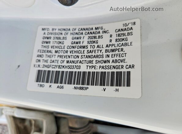 2HGFC2F82KH503703 2019 HONDA CIVIC White Widok komory silnika