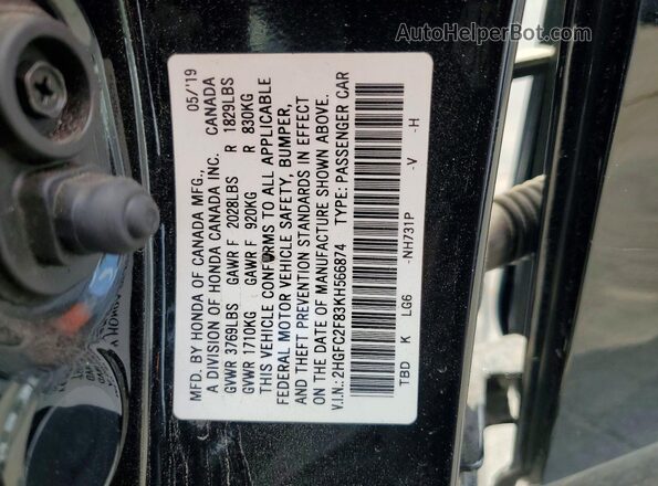 2HGFC2F83KH566874 2019 HONDA CIVIC Black Engine compartment view