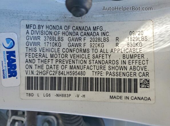 2HGFC2F84LH595480 2020 HONDA CIVIC White Widok komory silnika