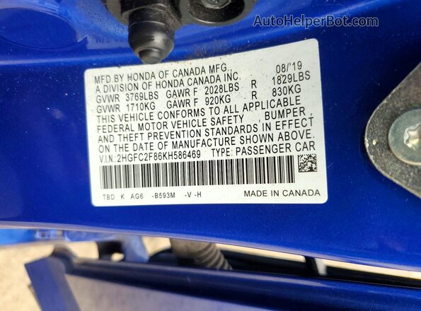 2HGFC2F86KH586469 2019 HONDA CIVIC Blue VIN կոդի պիտակի տեսք
