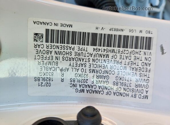 2HGFC2F87MH541494 2021 HONDA CIVIC White VIN კოდის სტიკერის ხედი