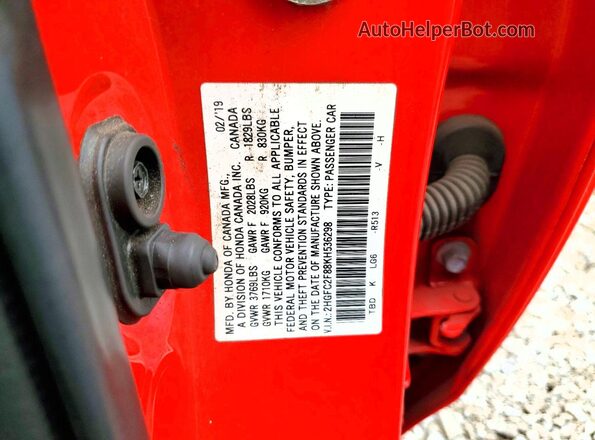 2HGFC2F88KH536298 2019 HONDA CIVIC Red Engine compartment view