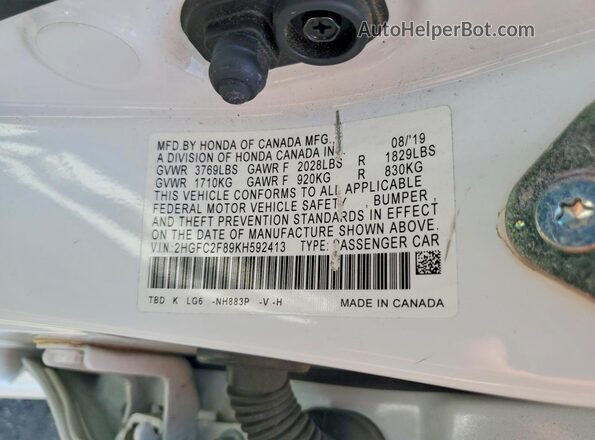 2HGFC2F89KH592413 2019 HONDA CIVIC White Vista del compartimento del motor