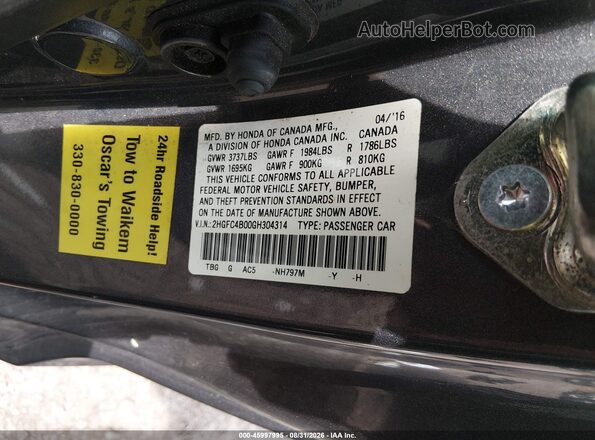 2HGFC4B00GH304314 2016 HONDA CIVIC Gray Vista del compartimento del motor