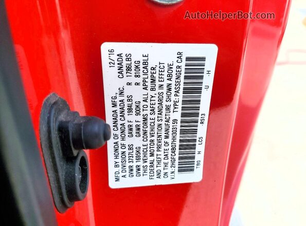 2HGFC4B07HH303159 2017 HONDA CIVIC Red Շարժիչի բաժամունքի տեսք